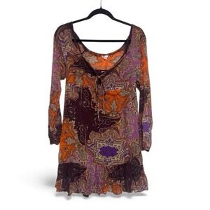 Babydoll Sheer Mini Dress Sz‎ M Tunic Vibrant Purple Orange Ruffle Boho Paisley